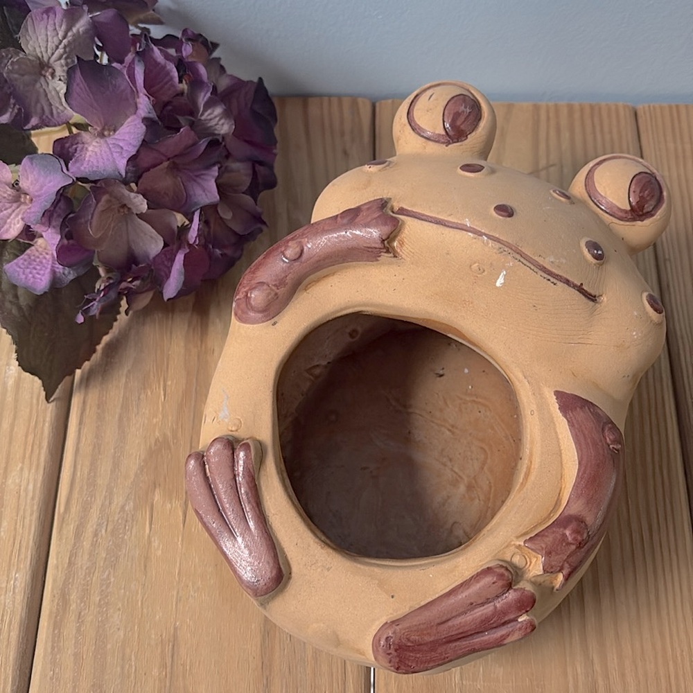 Cute Frog Hand-painted Planter Garden Home Decor Adorable Brown Pot Flower Vase!